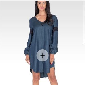 Standards and Practices Tencel Denim Blue V-Neck Shift Dress Lace Detail Small